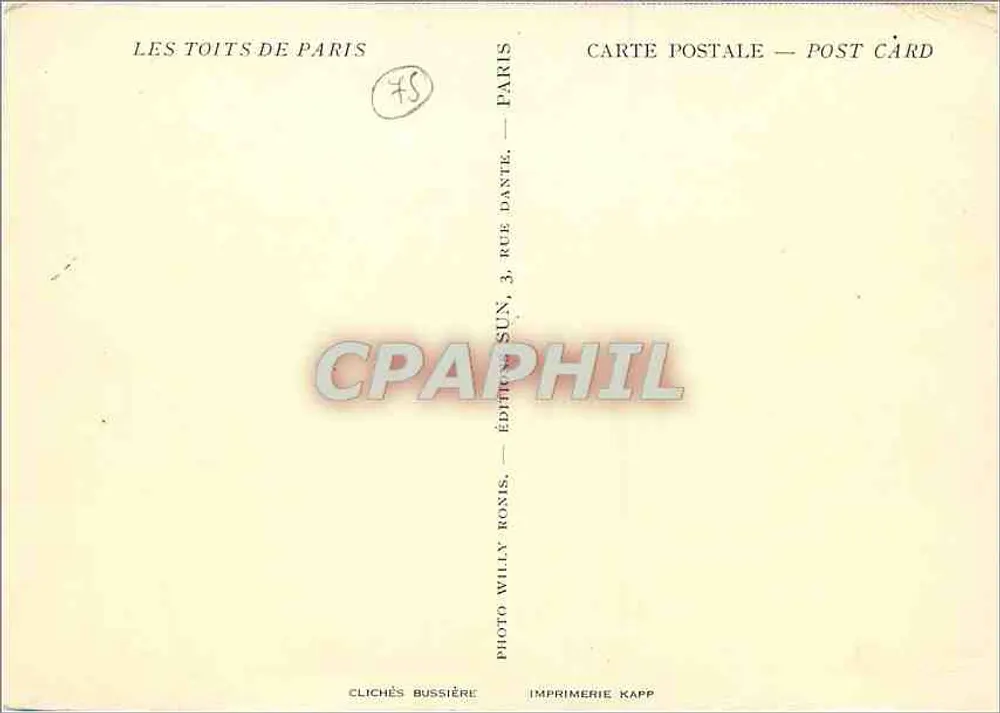 Os telhados de Paris — vista panorâmica com a Torre Eiffel — Éditions Sun, 3 rue Dante - Verso