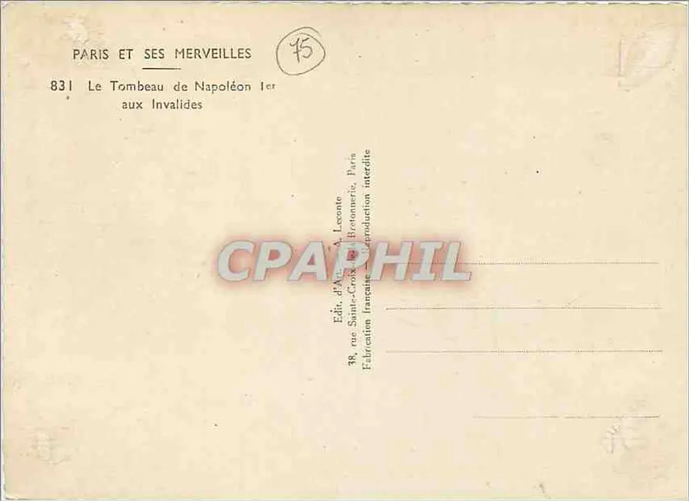 O Túmulo de Napoleão I nos Inválidos — Paris e suas Maravilhas n°831 — Editor Leconte - Verso