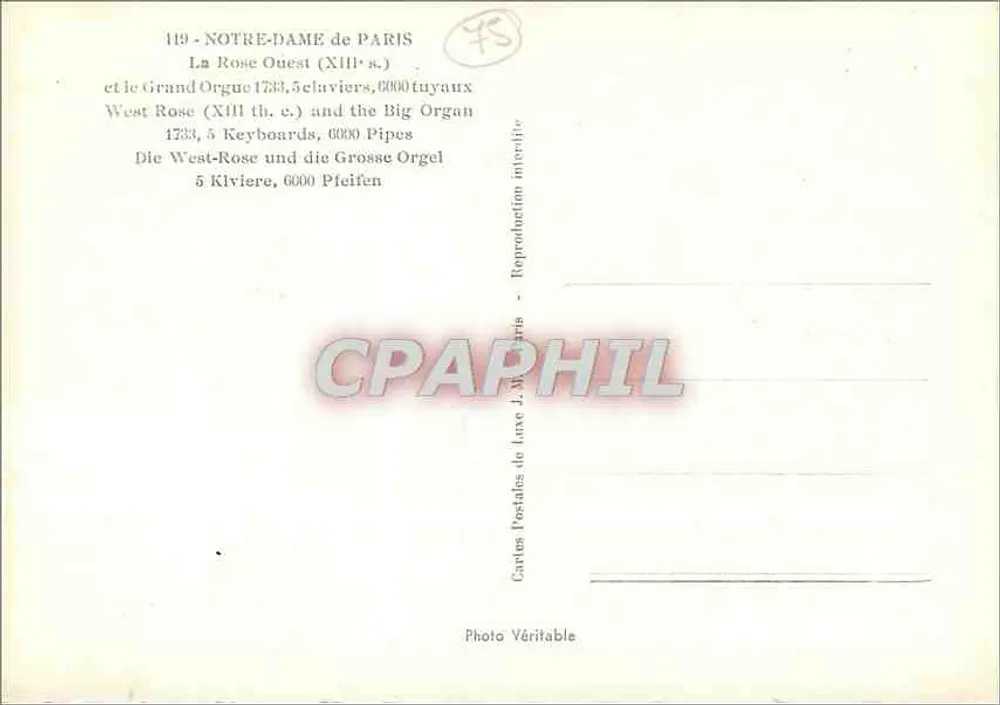 Notre-Dame de Paris — A Rosa Oeste e o Grande Órgão — J.M. Editor - Verso