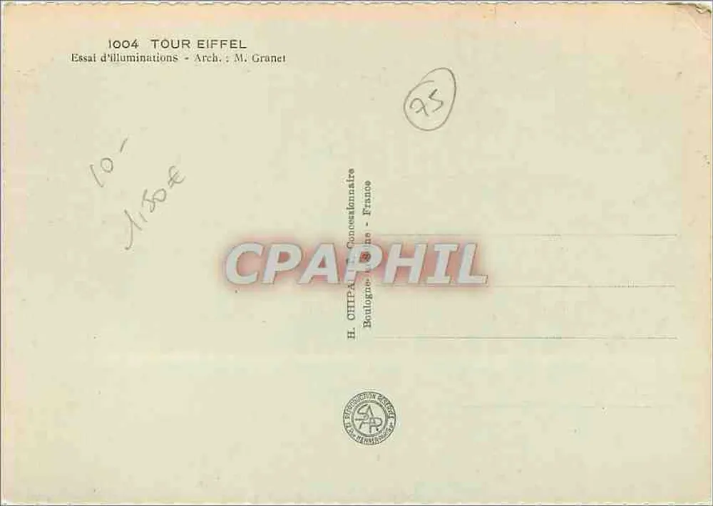 Torre Eiffel — Exposição Internacional de Paris 1937 — H. Offpa, Concessionário - Verso