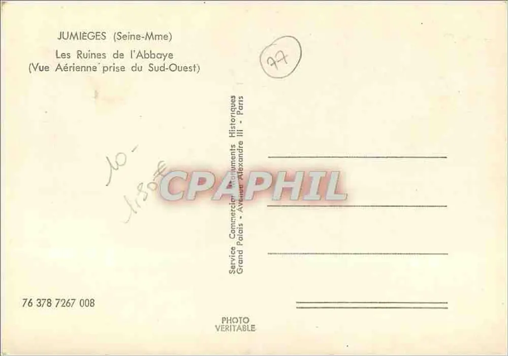 Jumièges (Seine-Maritime) — Les Ruines de l'Abbaye (Vue Aérienne prise du Sud-Ouest) — Service Commercial des Monuments Historiques, Grand Palais, Paris - Verso