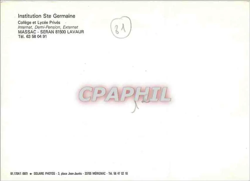 Massac — Institution Sainte-Germaine — Solaire Photos, Mérignac - Rückseite
