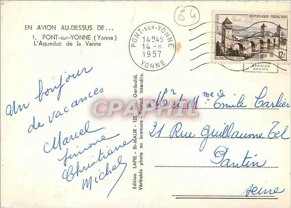 Pont-sur-Yonne — O Aqueduto da Vanne — Edição Lapie Service Aérien - Verso