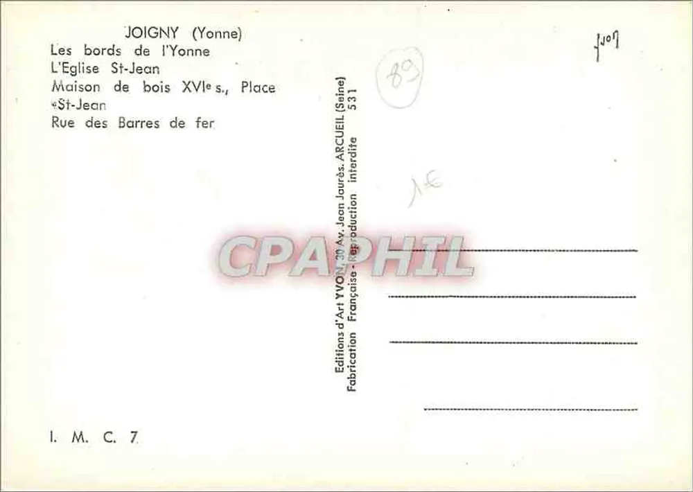 Joigny (Yonne) — Die Ufer der Yonne — Verlag: Editions d'Art Yonne - Rückseite