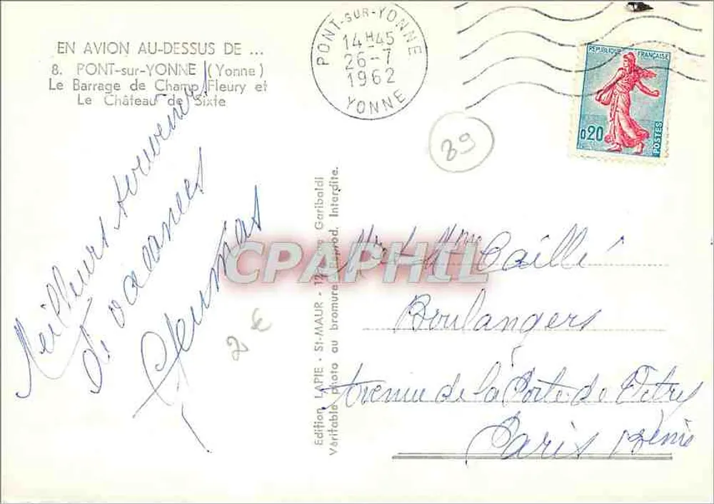 Pont-sur-Yonne — Staudamm von Champ-Fleury und Schloss Sixte — Edition LAPIE SERVICE AÉRIEN - Rückseite