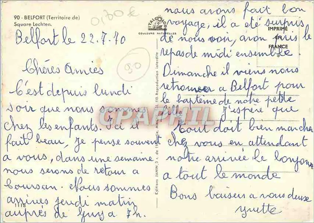 Jardim Botânico de Belfort — vista da fonte e dos maciços — Edições JAMIN, n° 1118 - Verso