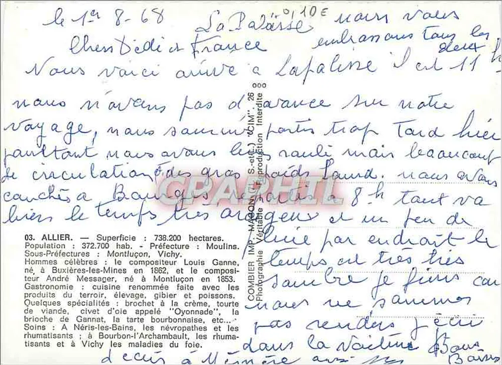 अल्लियर — पर्यटक पोस्टकार्ड जिसमें स्थानों के चित्र और विभागीय मानचित्र के संग्रह के साथ — प्रकाशक सी. अल्लियर - पीछे