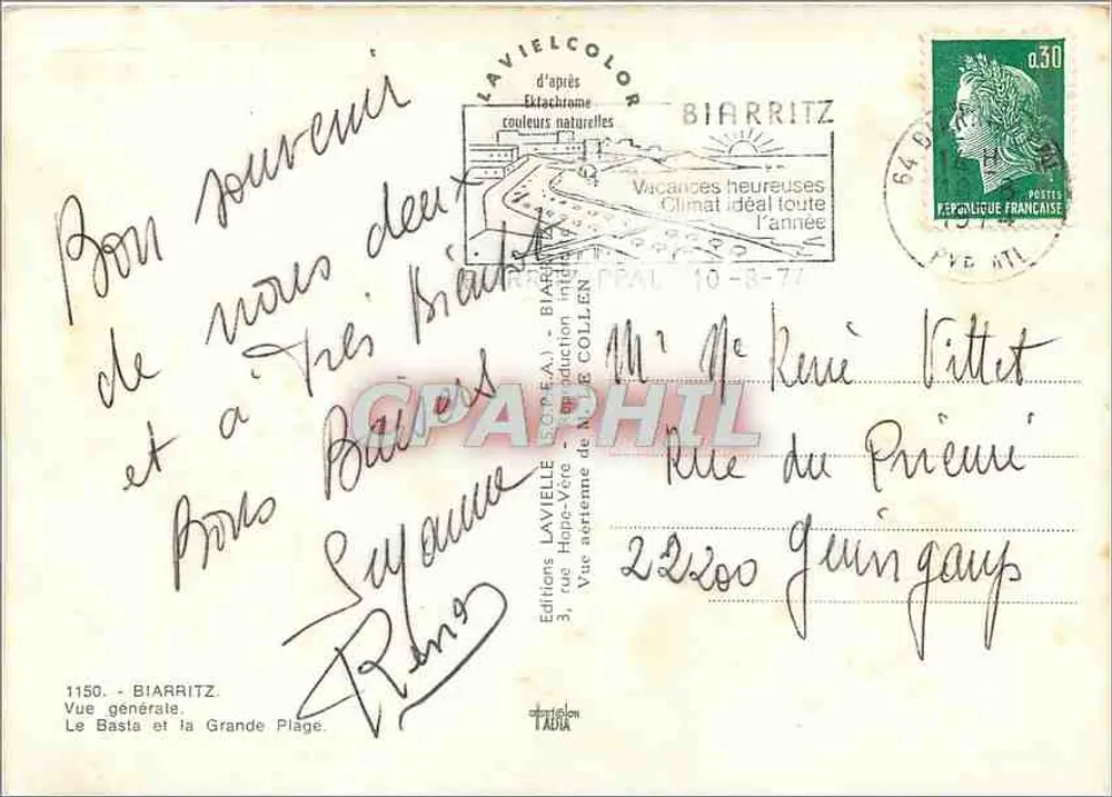 Biarritz — Vue générale, Le Basta et la Grande Plage — Éditions LAVIELLE (Société d'Éditions LAVIELLE-COLLÉN) - Verso