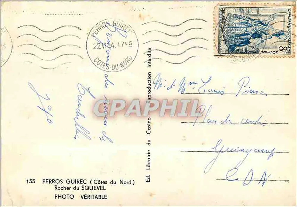 Rocher du Squevel — Perros Guirec (Côtes du Nord) — Ed. Librairie du Casino, n° 155 - Verso