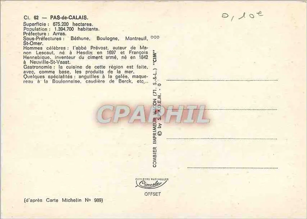 Pas-de-Calais — Touristische Karte mit Fotos ikonischer Orte — Drucker CIM — Nr. 989 - Rückseite