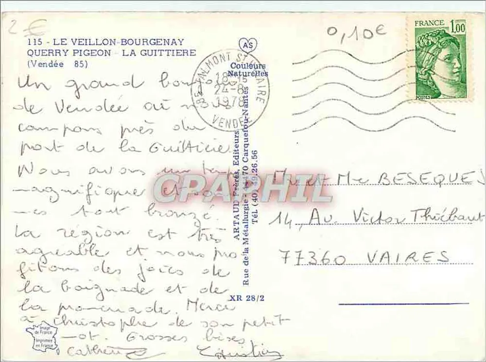 Le Veillon - Bourgenay - Querry Pigeon - La Guittière — Carta postal panorâmica com 9 vignettes — Editor ARTAUD Prêté - Carquefou - Verso