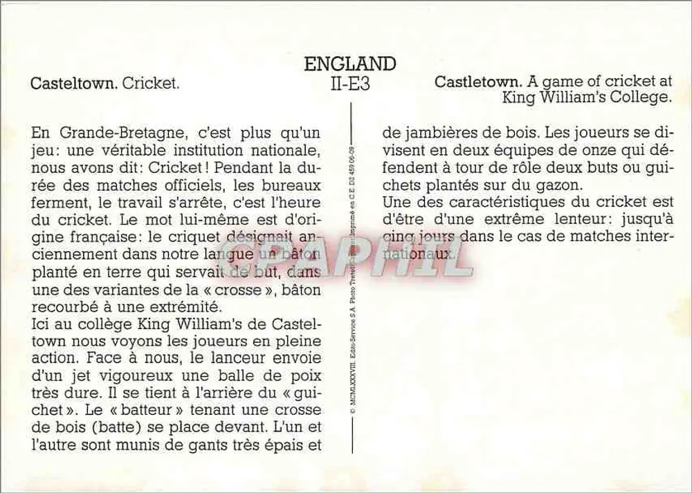 Castletown. Cricket. — King William's College — Editor: Photo-Services S.A. — N° de série II-E3 - Verso