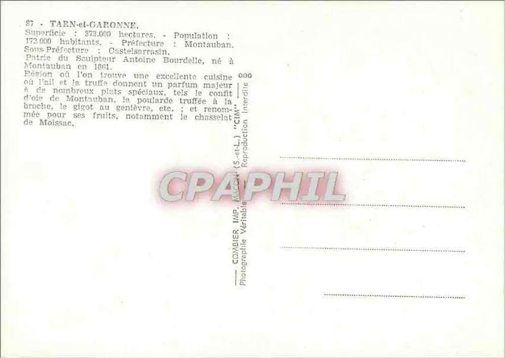 Tarn-et-Garonne — Carta postal turística com mapa e locais — editor Combiér - Verso