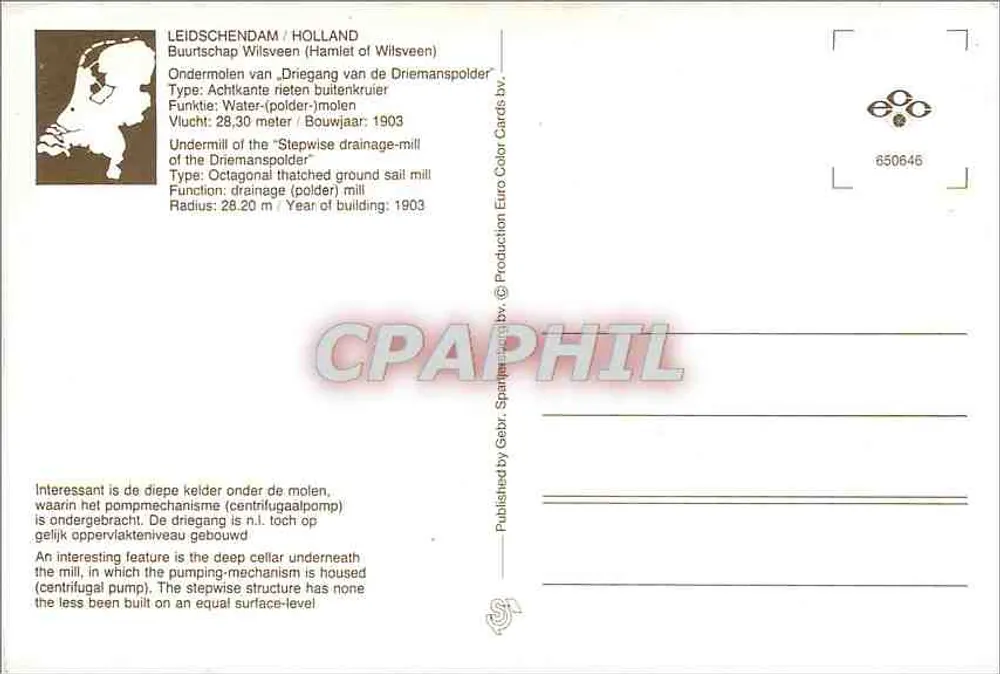 네덜란드의 바람개비 풍경 — 홀란드, 바람개비의 나라 — 발행사 Euro Color Cards bv, 번호 650646 - 뒷면