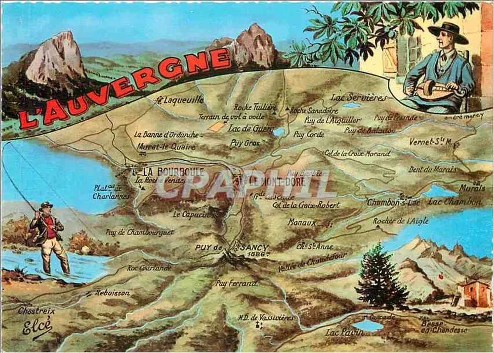 A Auvergne — Carta postal ilustrada com mapa topográfico e pescador — Editor L. Elcée - Frente