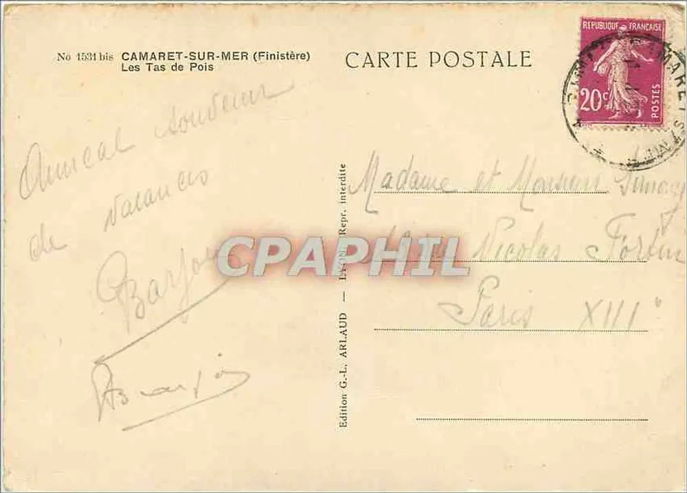 Les Tas de Pois — Camaret-sur-Mer (Finistère) — Edition G.-L. Arlaud, Nr. 1531bis - Rückseite