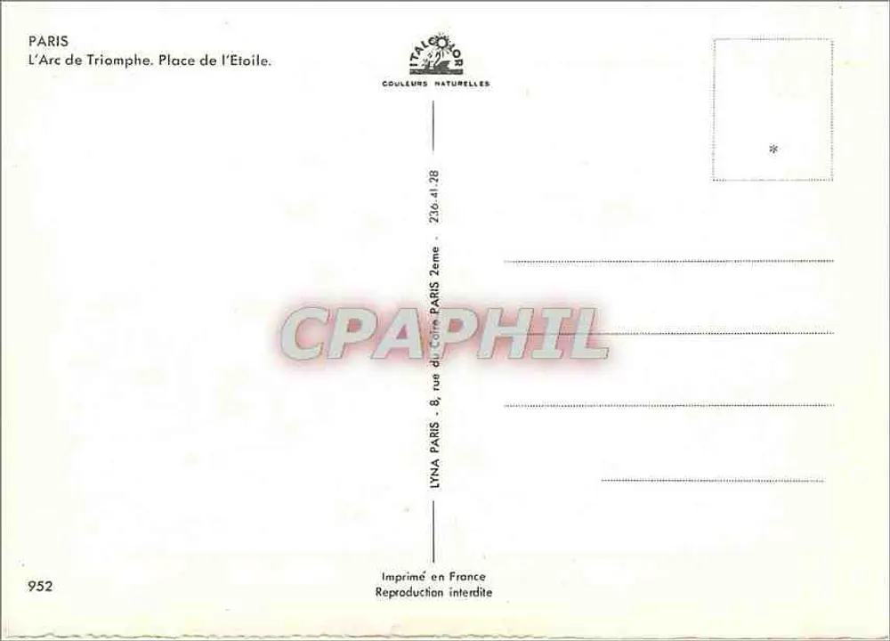 पेरिस — ट्रियंफल आर्क, एस्टोइल प्लेस — एडिटर लिनल पेरिस, संख्या 952 - पीछे