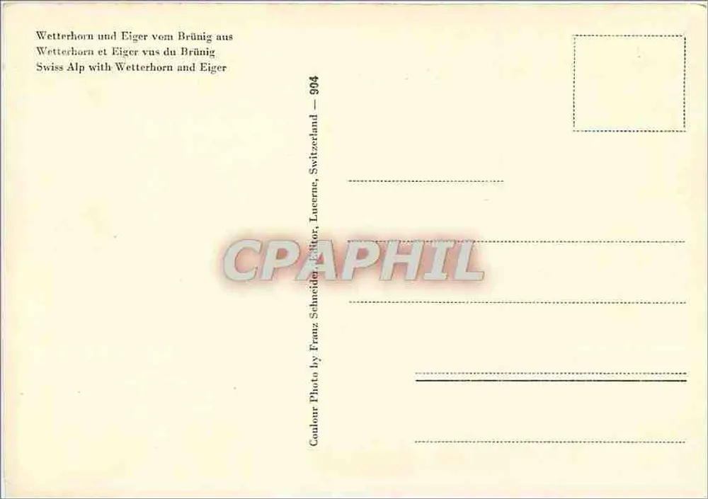 Wetterhorn und Eiger vom Brünig aus — Swiss Alp — editor Franz Schneider, Lucerna, Suíça — n° 994 - Verso