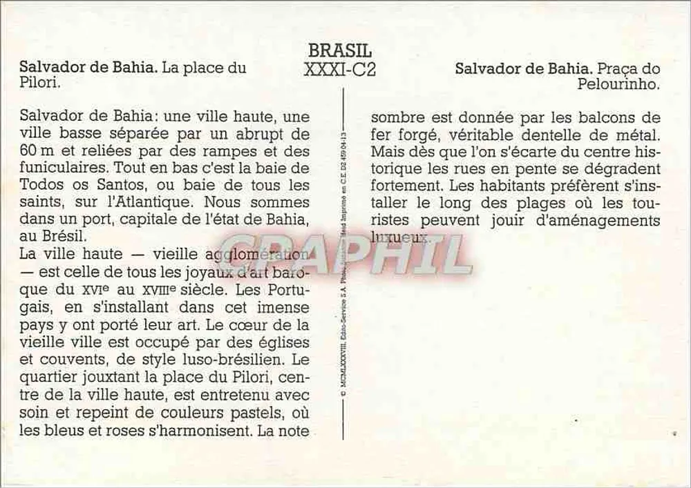 Salvador de Bahia — Place du Pilori — Éditeur: Graphil, n° XXXI-C2 - Rückseite