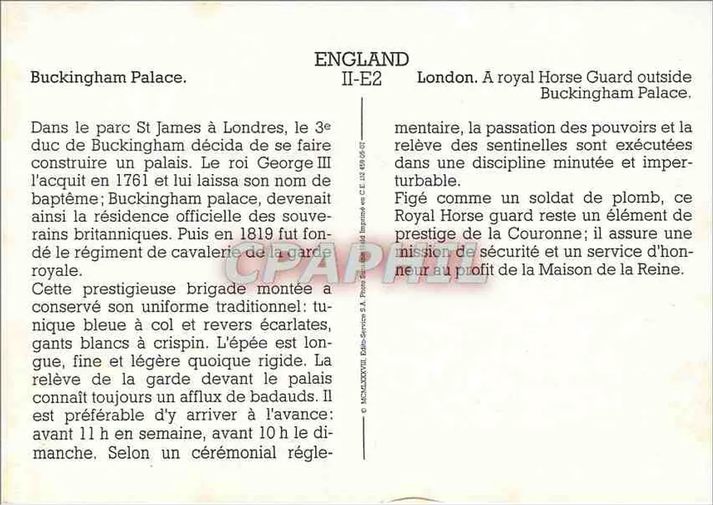 Royal Horse Guard — Buckingham Palace — Verleger S.A. Press Services, Nr. II-E2 - Rückseite