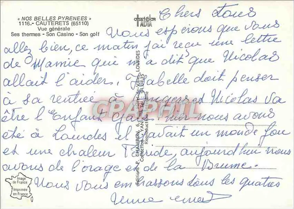 Cauterets — Vista geral — Edições P. CHAMBON, 6, rue de l'Horloge, 65110 Cauterets - Verso