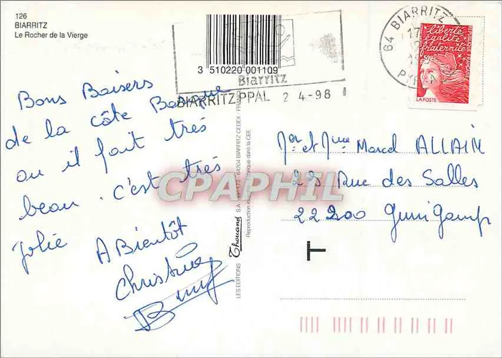 Biarritz — O Rocher da Virgem — Éditions Thaumand, n°126 - Verso