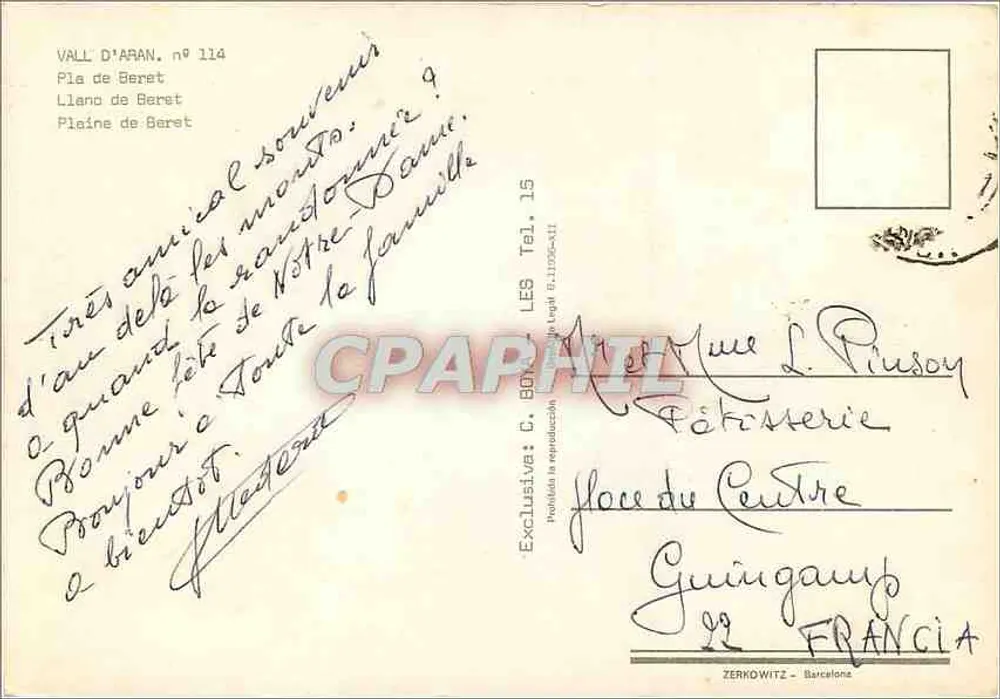 Vall d'Aran — Pla de Beret — Editor C. Bon — n° 114 - Verso