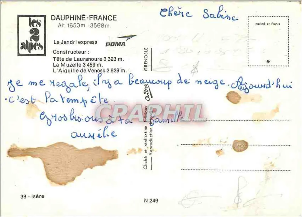 Les 2 Alpes — Panoramablick und Seilbahn — Verlag POMA, Nr. 249 - Rückseite