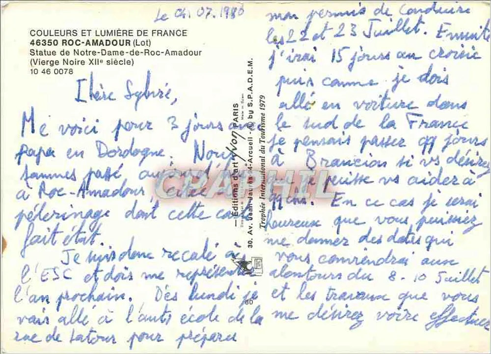 Statue de Notre-Dame-de-Roc-Amador (Vierge Noire XIIe siècle) — Éditeur S.P.A.D.E.M. n° 10 46 0078 - Verso