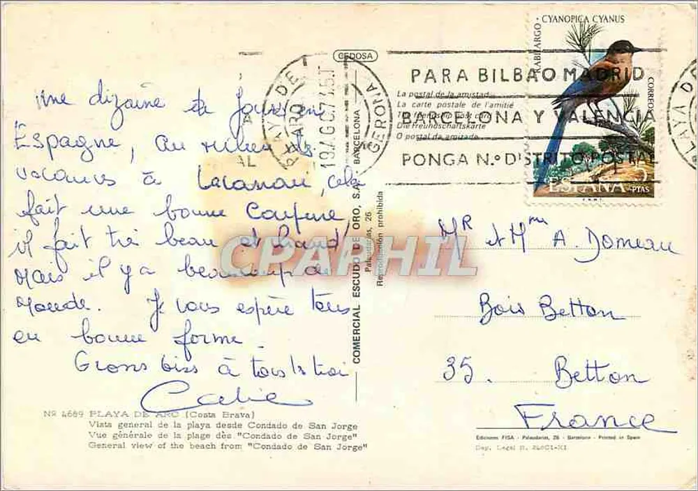 Playa de Arc (Costa Brava) — allgemeiner Blick auf den Strand von den Condados de San Jorge — Verlag FISA, Nr. 6689 - Rückseite