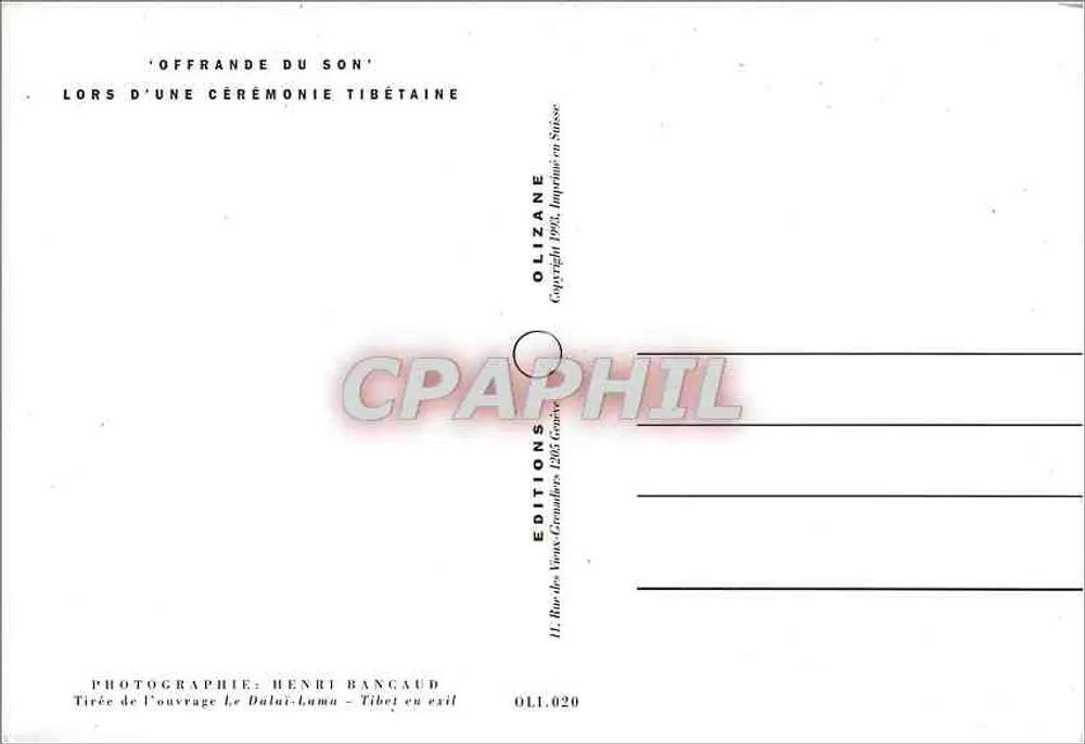 Cérémonie tibétaine — Offrande du son — Éditions Olizane, n° OLI.020 - Verso