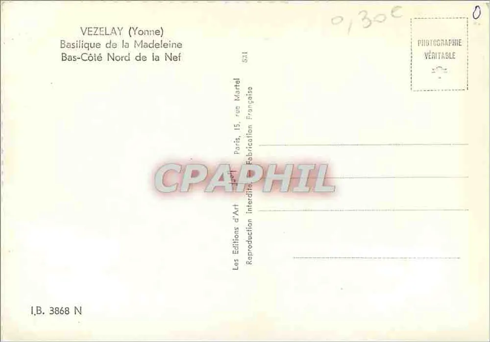 Vézelay (Yonne) — Basilique de la Madeleine, Bas-Côté Nord de la Nef — Les Editions d'Art, Paris - Verso