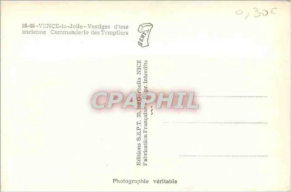 Vence-la-Jolie — Überreste einer alten Kommanderie der Templer — Éditions S.E.P.T. NICE - Rückseite