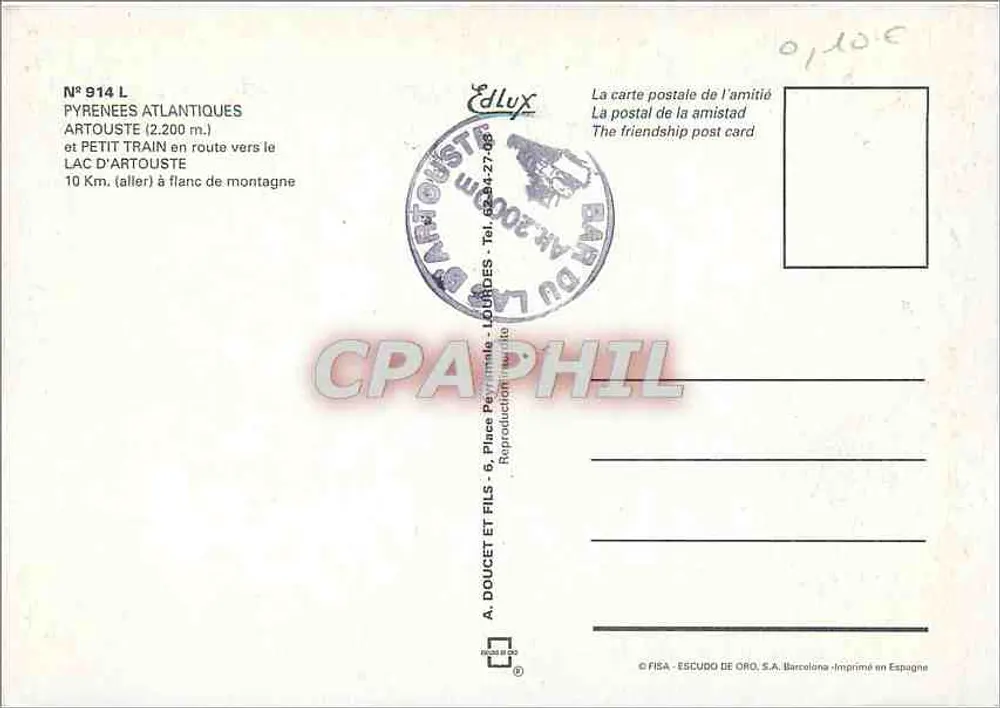 Touristenzug nach Artouste — Pyrenäen — Verlag A. Doucet und Söhne, Nr. 914 L - Rückseite