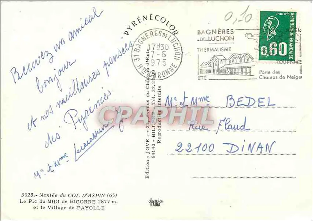 Aufstieg zum COL D'ASPIN — Der Gipfel des MIDI DE BIGORRE 2877 m. und das Dorf PAYOLLE — Edition JOVE - Rückseite