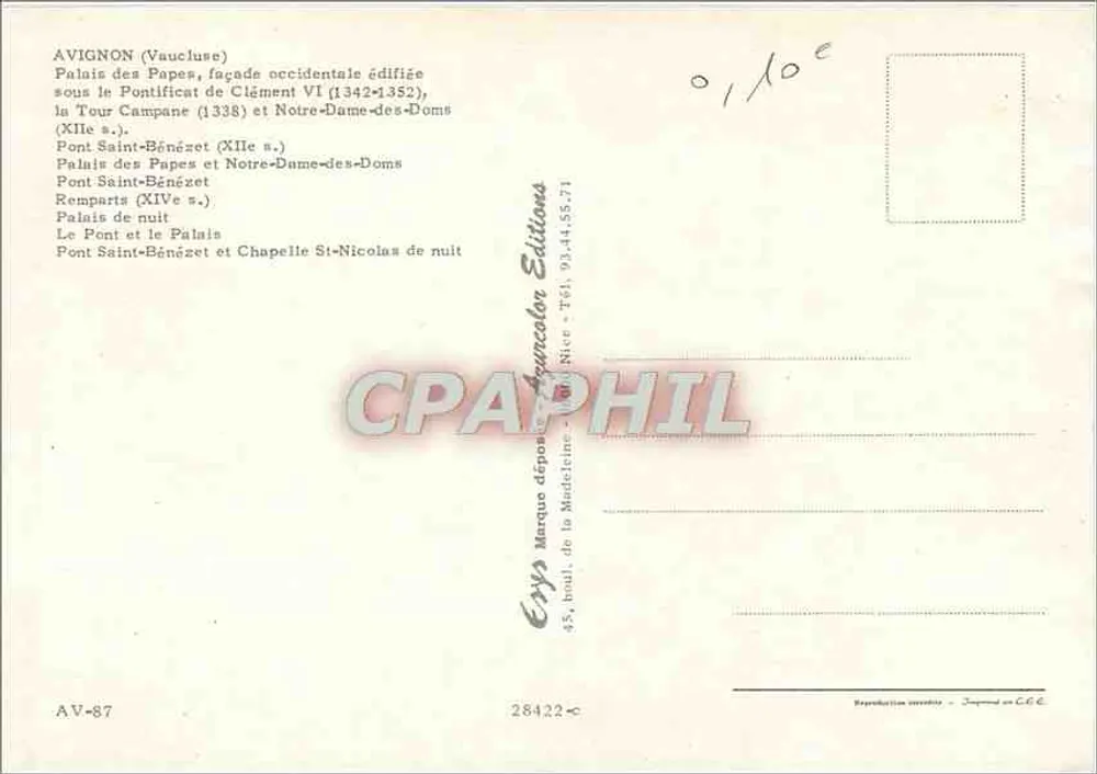 Avignon — Cidade dos Papas — Editor Erys, n° 28422 - Verso