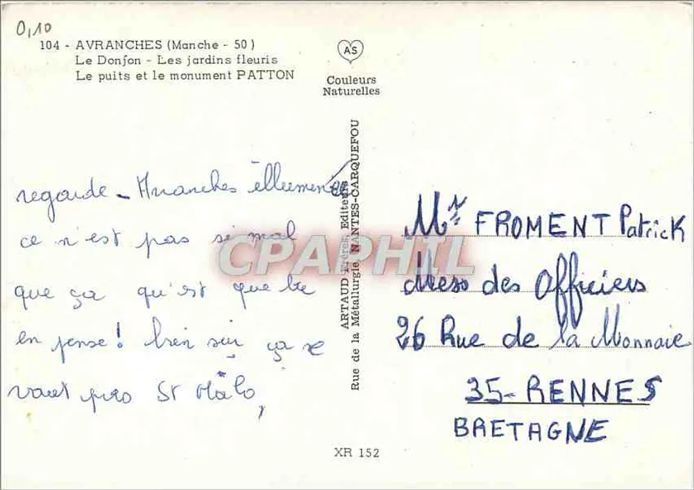 Avranches beleuchtet — nächtliche Ansicht der Stadt mit Schloss, Patton-Denkmal und Gärten — Verlag Artaud, Serie 104 - Rückseite