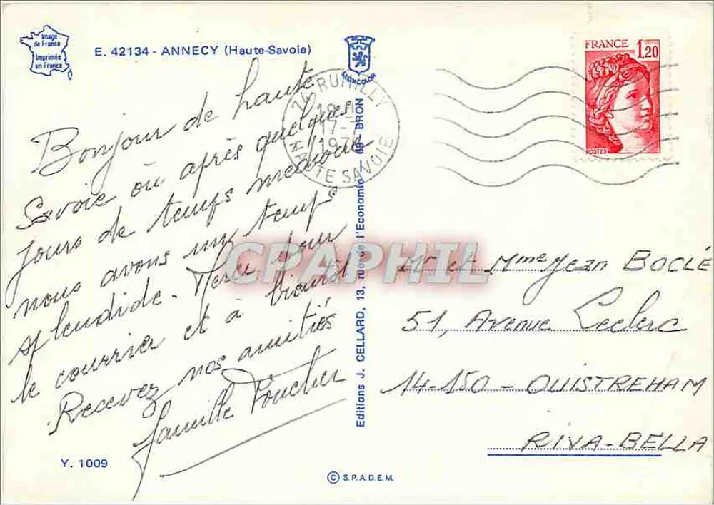 Annecy — vista panorâmica com rosas, barco Mont-Yeuvre e cisnes — Edições J. Cellard - Verso