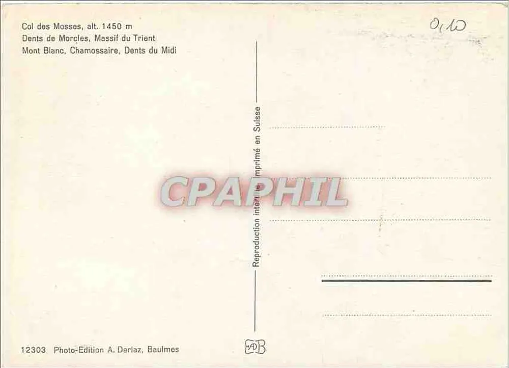 Col des Mosses — alt. 1450 m — Photo-Édition A. Deriaz, Baulmes, n° 12303 - Verso
