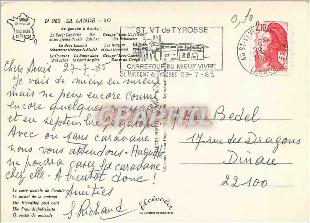 La Lande — Erinnerung an La Lande — In Frankreich gedruckt, N° 960 - Rückseite