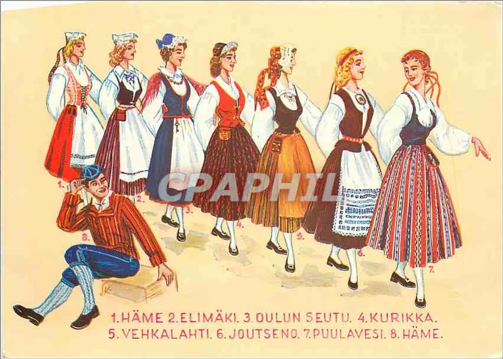 Hame, Elimäki, Oulun Seutu, Kurikka, Vehkalahti, Joutseno, Puolavesi, Hame — trajes nacionais finlandeses — editor Jääkkipainoinen - Frente