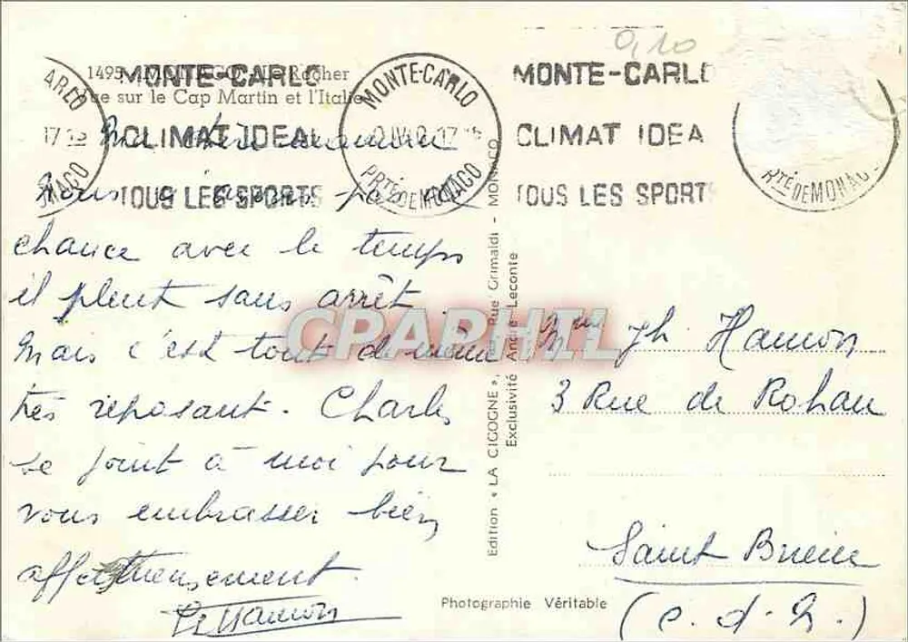 Vista do Cap Martin e da Itália — Monte-Carlo — Édition La Cigogne - Verso