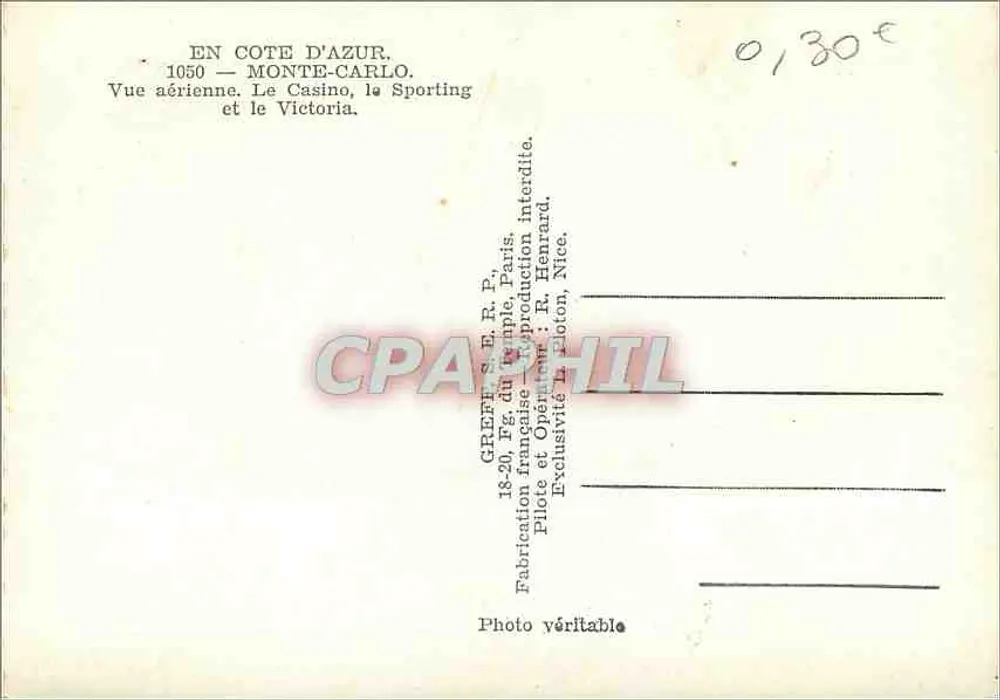 Monte-Carlo — Luftbild des Casinos, des Sportings und des Victoria — Greff, Paris - Rückseite