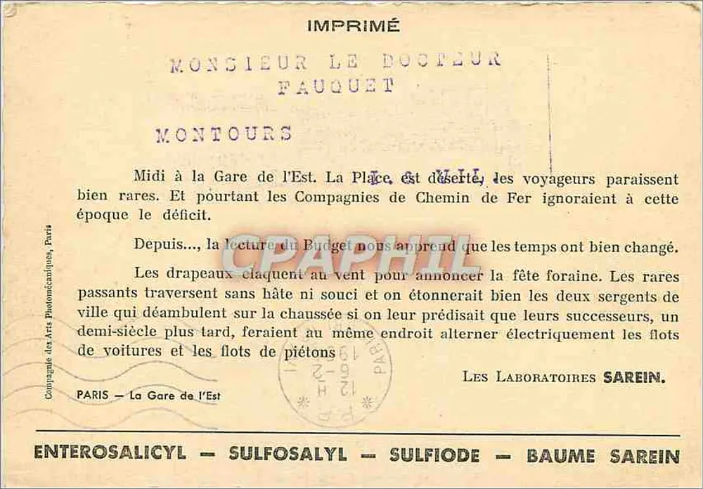 Estação de Leste — Paris — Compagnia dos Artes Fotocinematográficas, Paris - Verso