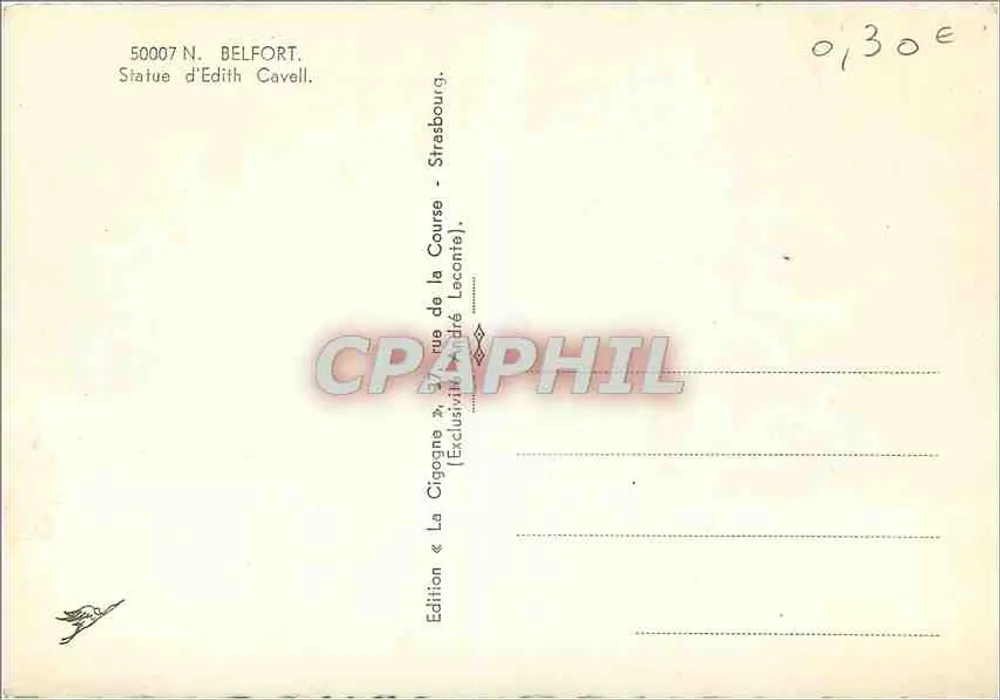 Estátua de Edith Cavell — Strasbourg — Editor La Cigogne, n° 50007 - Verso