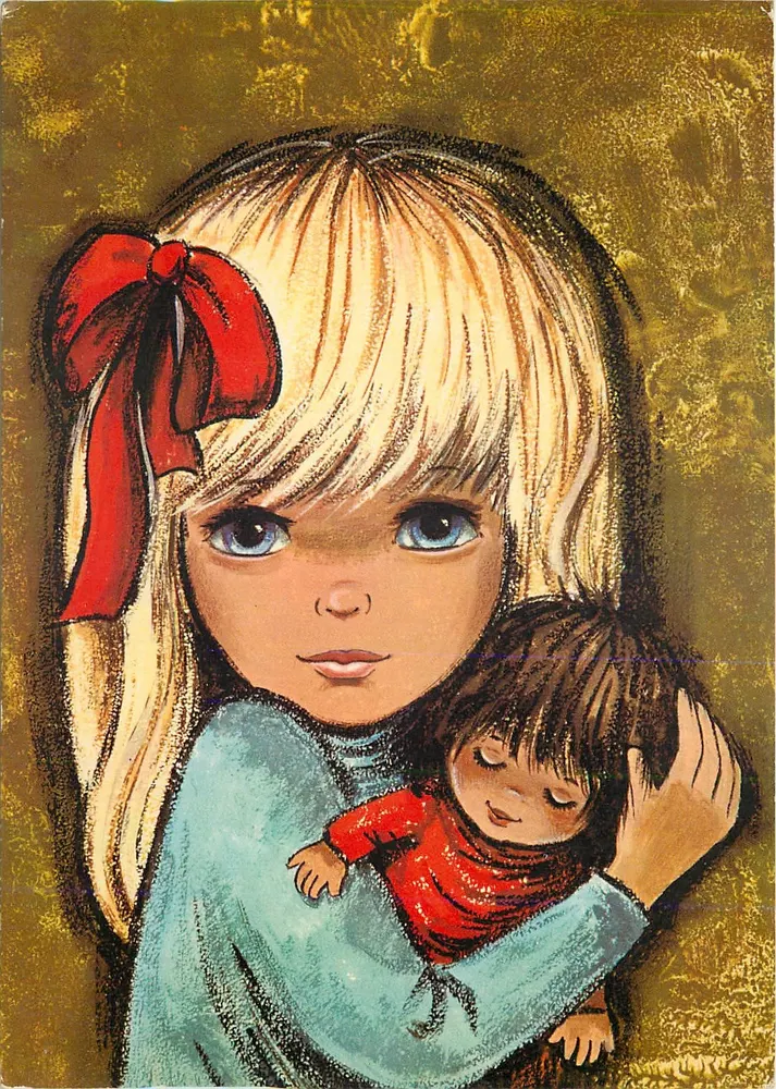 Menina loira com laço vermelho — segurando uma boneca — n° 11/61 - Frente
