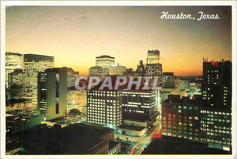 Houston, Texas — Panoramablick bei Dämmerung — Astrocard - Vorderseite