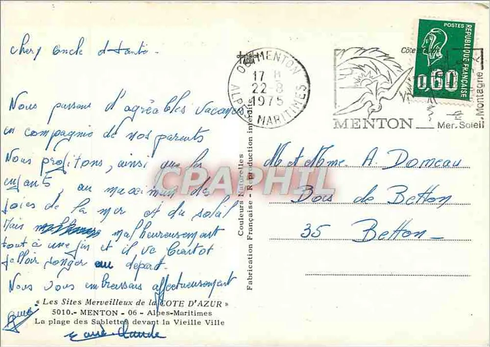 Menton — Plage des Sablettes devant la Vieille Ville — Couteurs Française - Verso