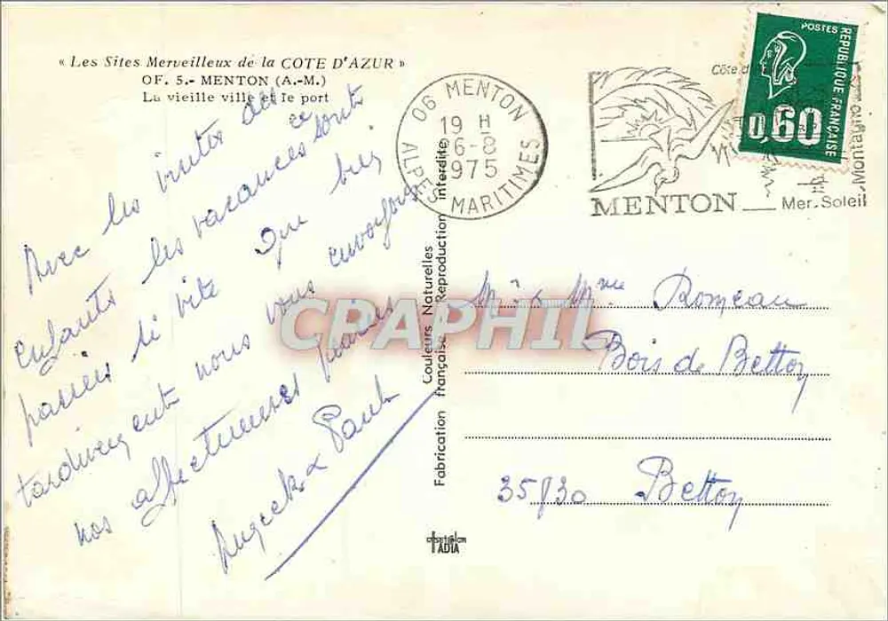 Menton — La vieille ville et le port — Fabrication française TABA - Verso