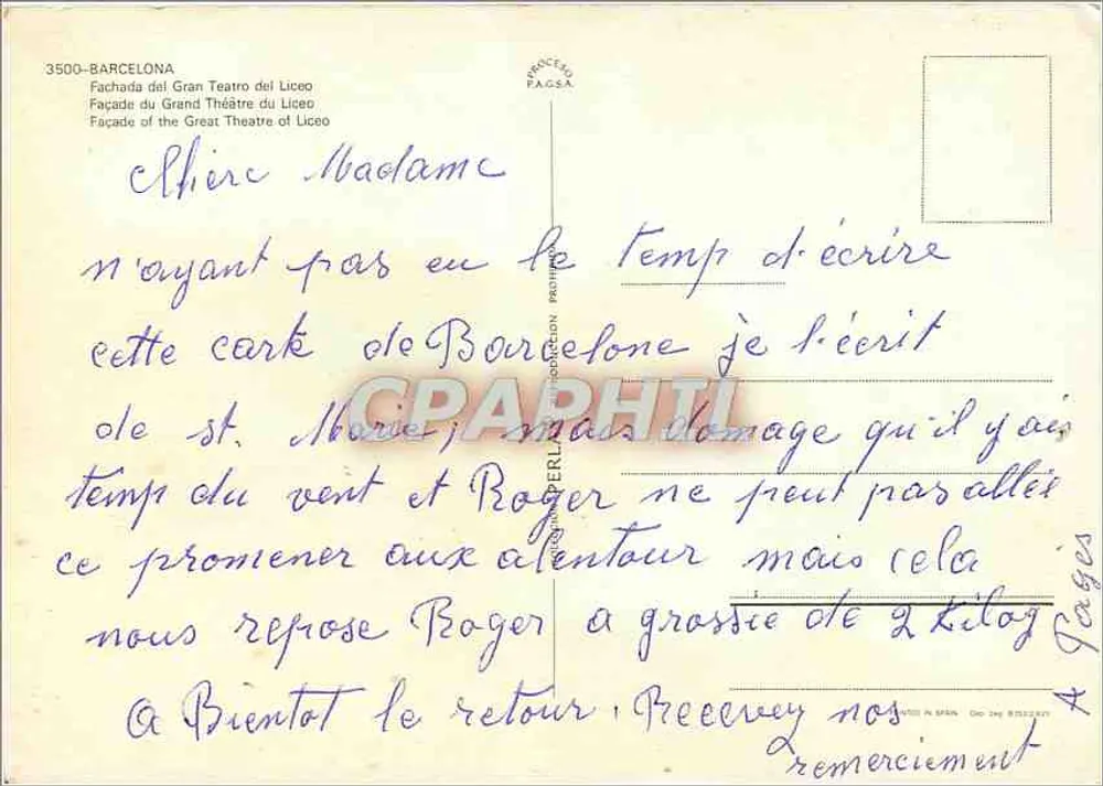 Fachada del Gran Teatro del Liceo — Barcelona — éditeur PAGASA, n° 3500 - Verso